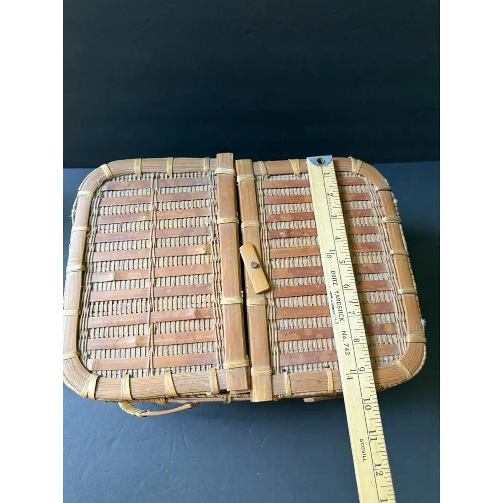 Vintage Bamboo Covered Basket Hinged Top Sewing Picnic Storage Woven Two Handle